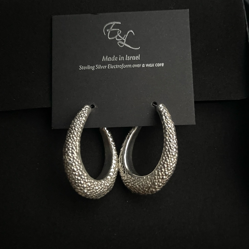 E&L Israel Textured Hoop Sterling Silver Earrings Electroform
